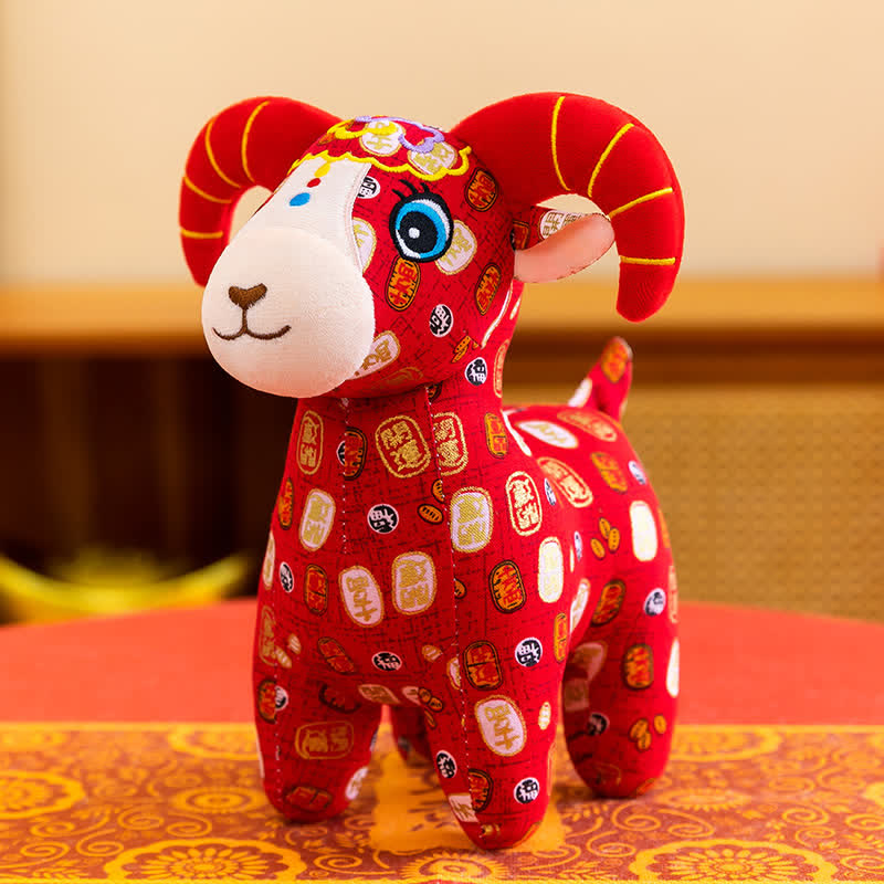 Buddha Stones Peluche de cabra del zodiaco de algodón rojo, lindo animal de peluche, decoración - Personaje Fu - 30 cm - image 1