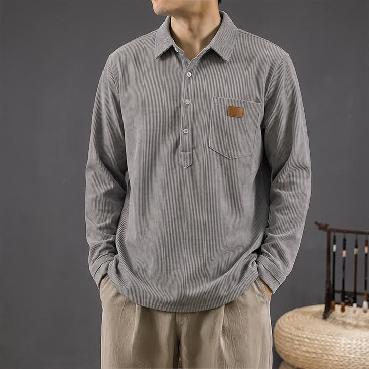 Buddha Stones Camisas de manga larga para hombre de pana lisas, estilo vintage, con bolsillo de parche, ideales para otoño. - Gris - US/UK/AU42, EU52 (3XL) - image 0
