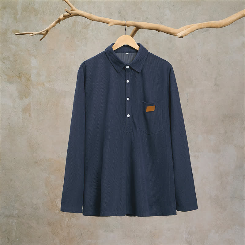 Buddha Stones Camisas de manga larga para hombre de pana lisas, estilo vintage, con bolsillo de parche, ideales para otoño. - image 11