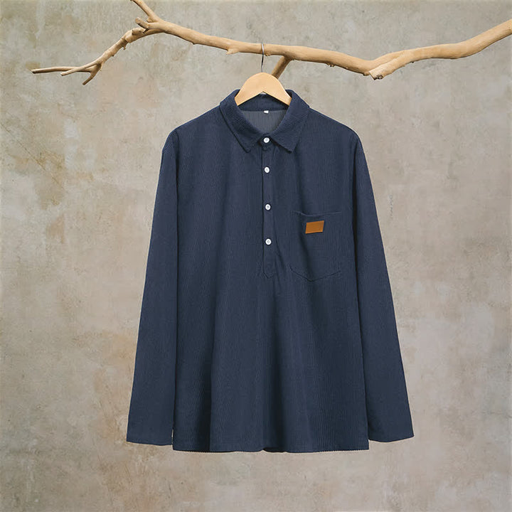 Buddha Stones Camisas de manga larga para hombre de pana lisas, estilo vintage, con bolsillo de parche, ideales para otoño. - image 11