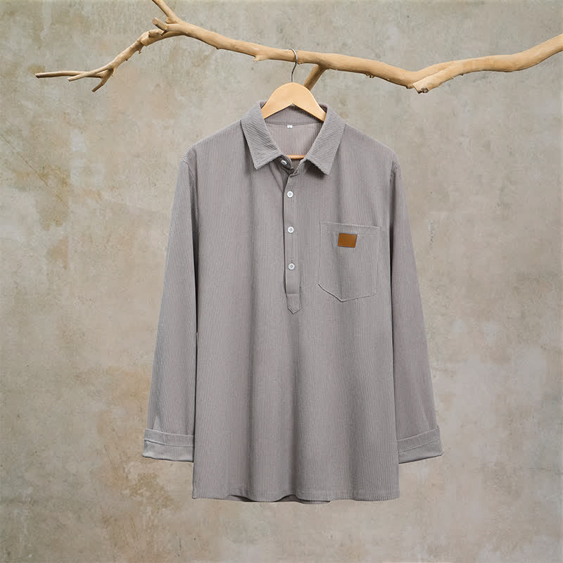 Buddha Stones Camisas de manga larga para hombre de pana lisas, estilo vintage, con bolsillo de parche, ideales para otoño. - image 2