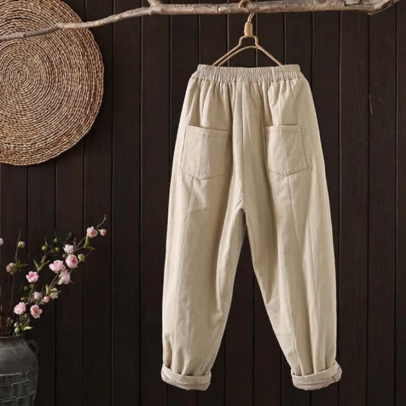 Buddha Stones Pantalones tobilleros lisos de estilo vintage para mujer, estilo harem, con bolsillo, ideales para otoño e invierno. - image 1