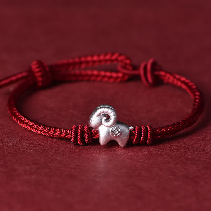 Buddha Stones Pulsera de protección de cabra de plata de ley 999 con hilo rojo - Hilo rojo (Protección ♥ Suerte) - image 0