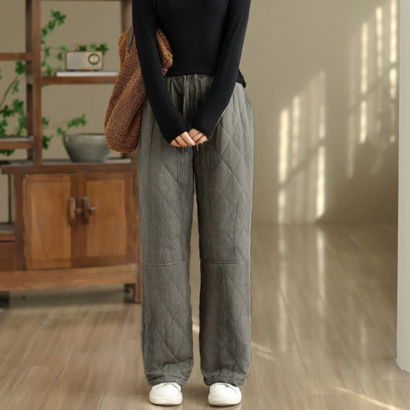Buddha Stones Pantalones largos de invierno informales con cordón ajustable y estampado geométrico de rombos para mujer, de pierna recta y con bolsillos. - image 5
