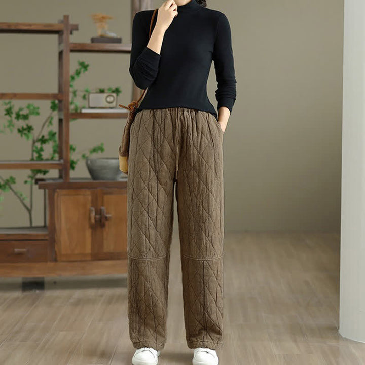 Buddha Stones Pantalones largos de invierno informales con cordón ajustable y estampado geométrico de rombos para mujer, de pierna recta y con bolsillos. - image 10