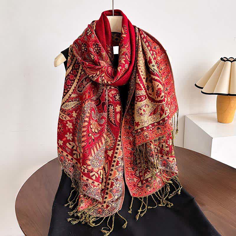 Buddha Stones Chal de mujer vintage con borlas y estampado paisley floral para otoño/invierno - Ladrillo refractario - image 12