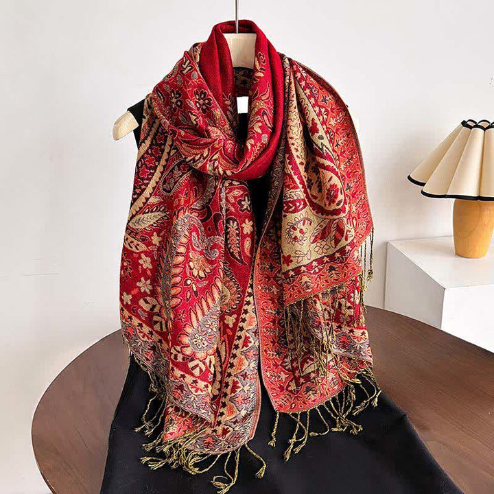 Buddha Stones Chal de mujer vintage con borlas y estampado paisley floral para otoño/invierno - Ladrillo refractario - image 12