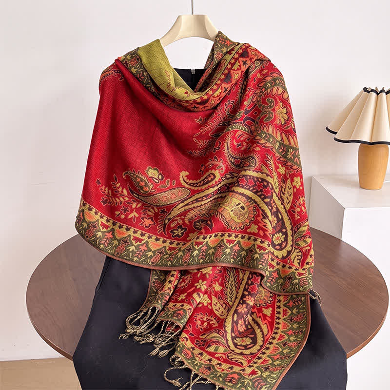 Buddha Stones Chal de mujer vintage con borlas y estampado paisley floral para otoño/invierno - Rojo - image 10