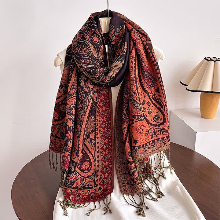 Buddha Stones Chal de mujer vintage con borlas y estampado paisley floral para otoño/invierno - image 9