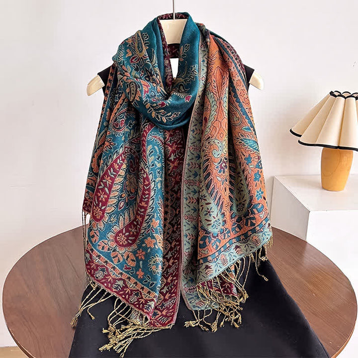 Buddha Stones Chal de mujer vintage con borlas y estampado paisley floral para otoño/invierno - image 1