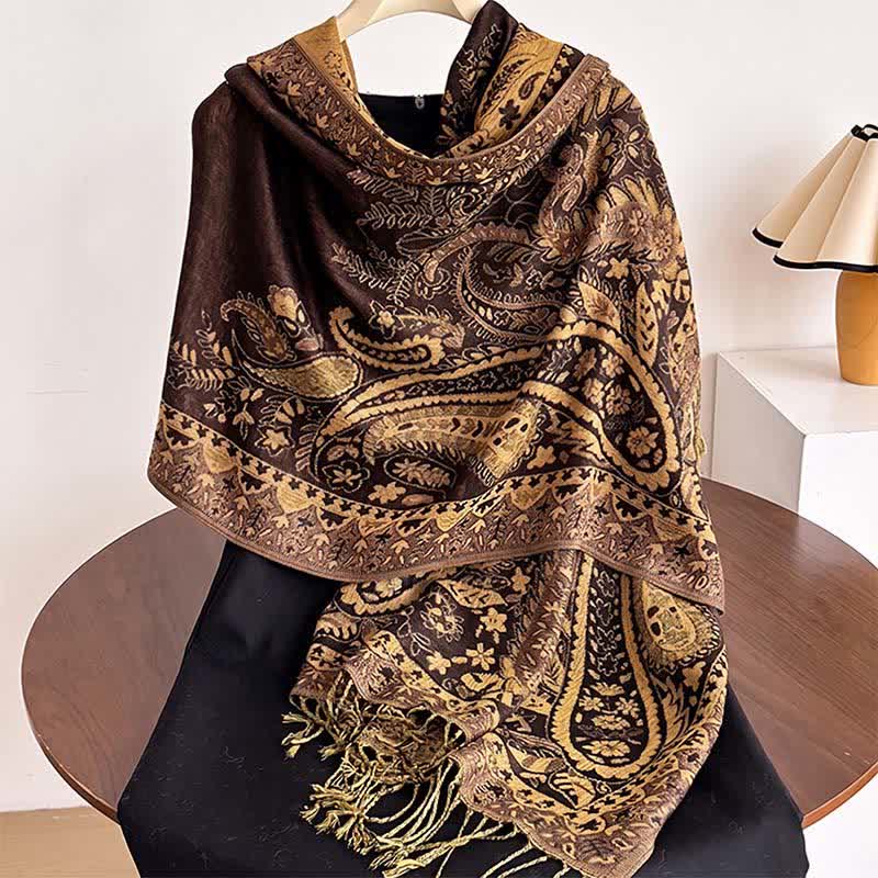 Buddha Stones Chal de mujer vintage con borlas y estampado paisley floral para otoño/invierno - Marrón silla de montar - image 13