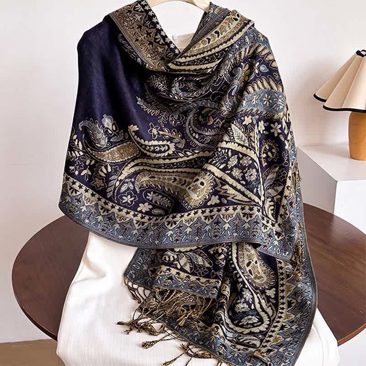 Buddha Stones Chal de mujer vintage con borlas y estampado paisley floral para otoño/invierno - Azul medianoche - image 6