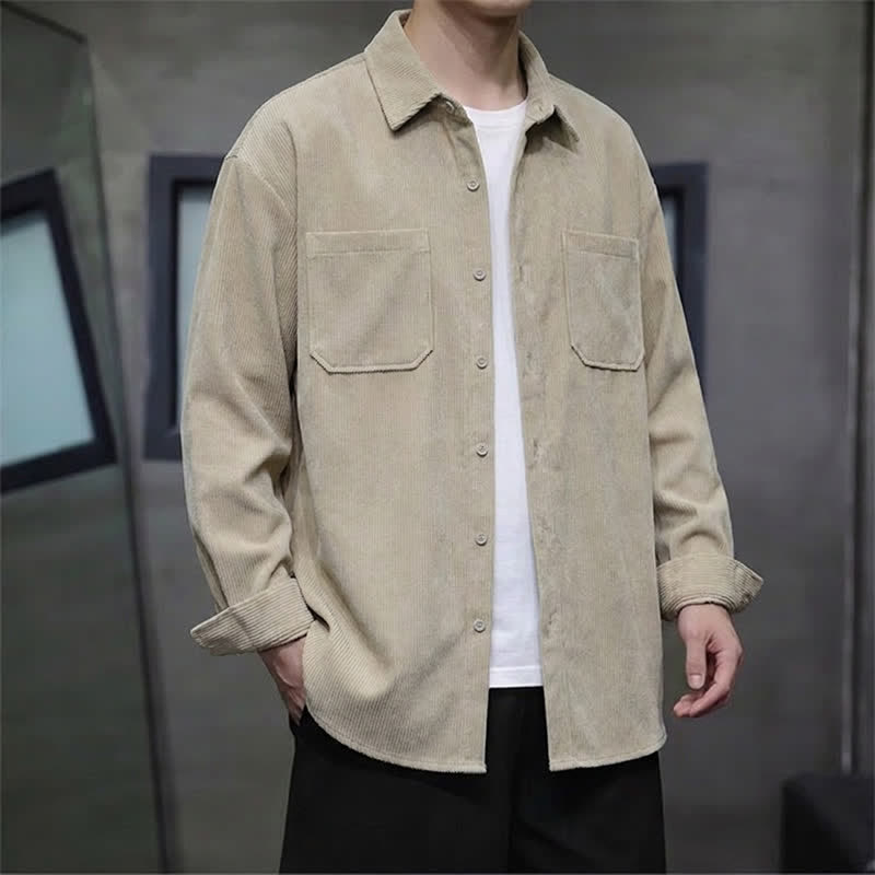 Buddha Stones Camisas de manga larga de pana lisas para hombre, estilo casual de otoño, con bolsillos de parche. - image 1