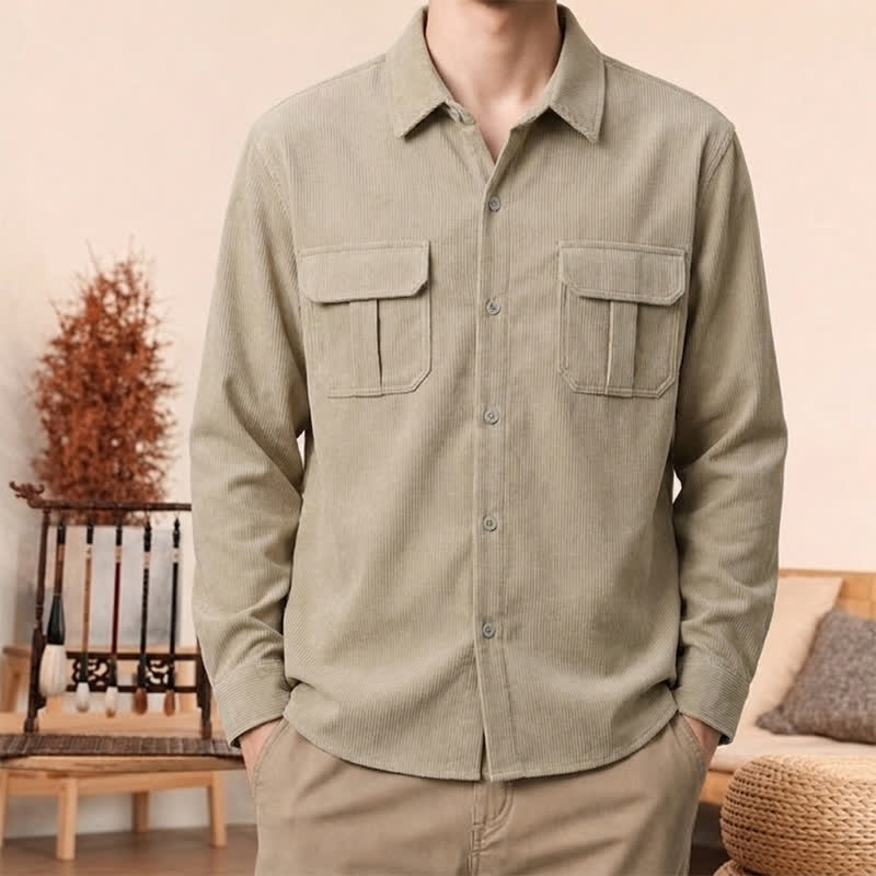 Buddha Stones Camisas de manga larga de pana lisas para hombre, estilo casual de otoño, con bolsillos de parche. - Trigo - US/UK/AU44, EU54 (4XL) - image 0