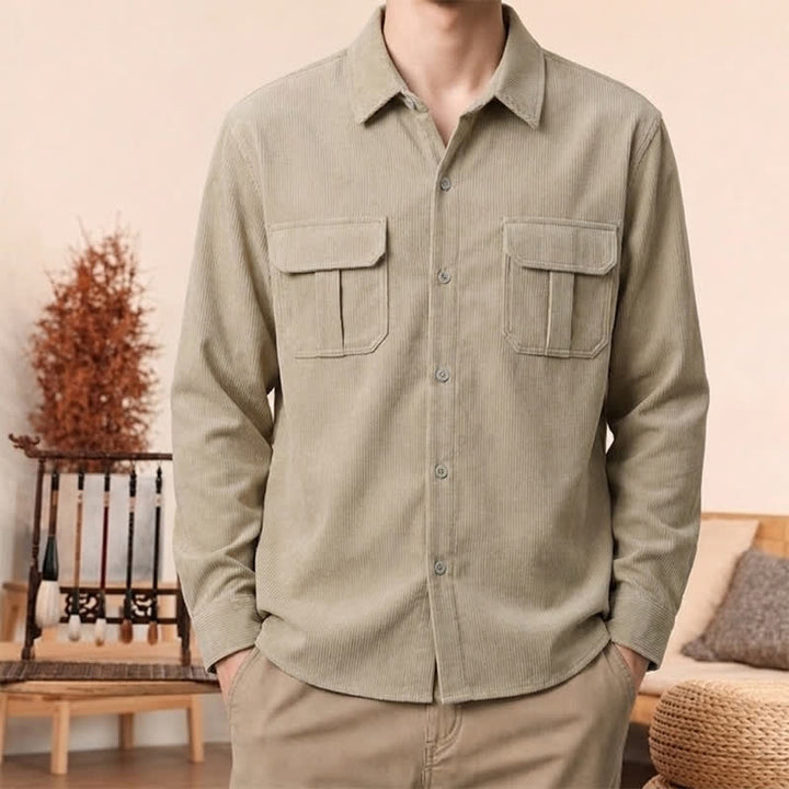 Buddha Stones Camisas de manga larga de pana lisas para hombre, estilo casual de otoño, con bolsillos de parche. - Trigo - US/UK/AU44, EU54 (4XL) - image 0