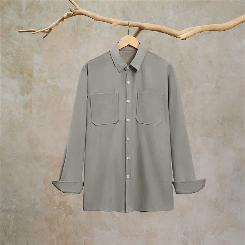 Buddha Stones Camisas de manga larga de pana lisas para hombre, estilo casual de otoño, con bolsillos de parche. - image 10