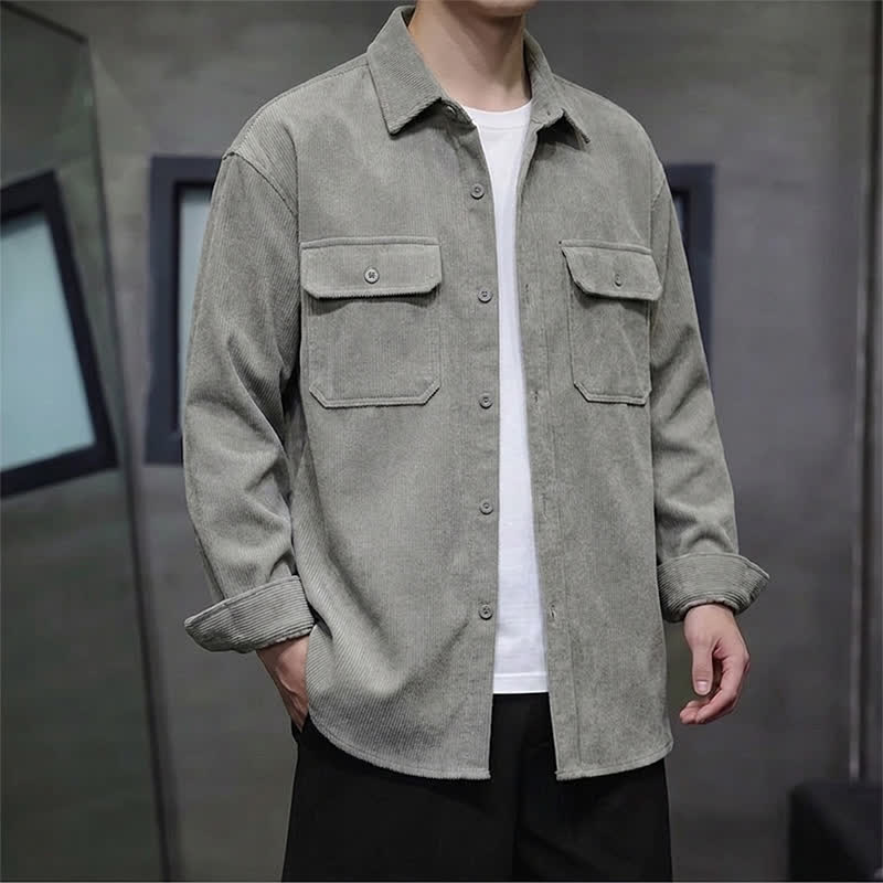 Buddha Stones Camisas de manga larga de pana lisas para hombre, estilo casual de otoño, con bolsillos de parche. - image 9