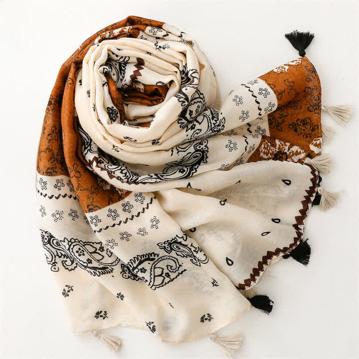 Buddha Stones Bufanda de mujer con borlas, estampado paisley y patchwork estilo boho para primavera y otoño. - image 2