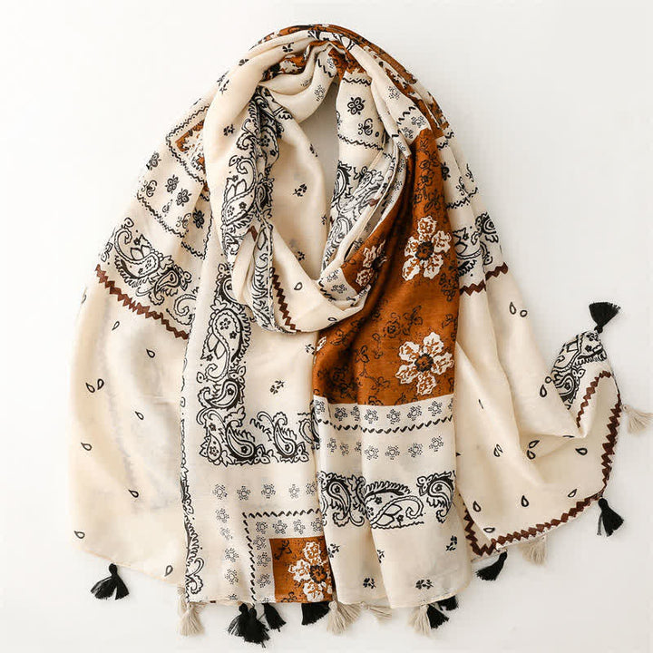 Buddha Stones Bufanda de mujer con borlas, estampado paisley y patchwork estilo boho para primavera y otoño. - Blanco antiguo - image 0