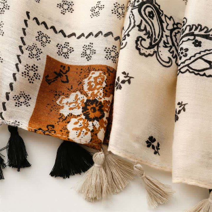 Buddha Stones Bufanda de mujer con borlas, estampado paisley y patchwork estilo boho para primavera y otoño. - image 7