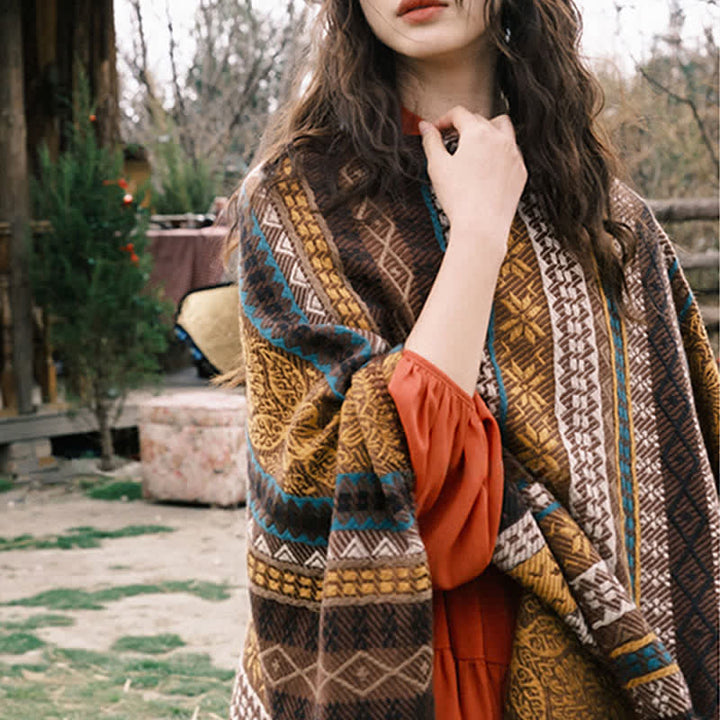 Buddha Stones Chal acogedor de mujer con borlas, rayas geométricas estilo boho para otoño/invierno - image 12
