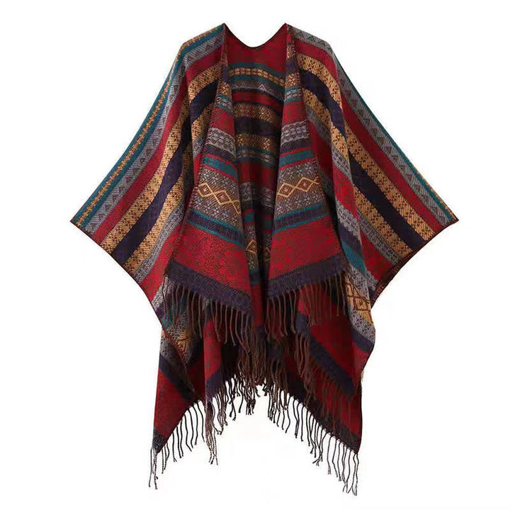 Buddha Stones Chal acogedor de mujer con borlas, rayas geométricas estilo boho para otoño/invierno - Rojo oscuro - image 10