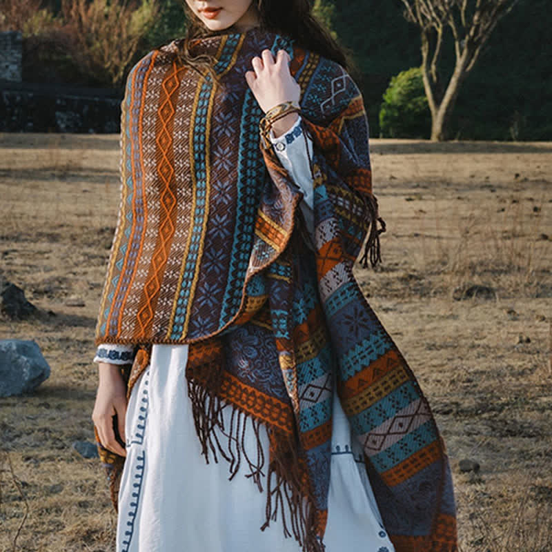 Buddha Stones Chal acogedor de mujer con borlas, rayas geométricas estilo boho para otoño/invierno - image 0