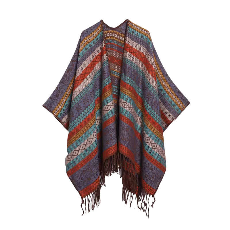 Buddha Stones Chal acogedor de mujer con borlas, rayas geométricas estilo boho para otoño/invierno - Morado medio - image 1