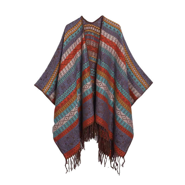 Buddha Stones Chal acogedor de mujer con borlas, rayas geométricas estilo boho para otoño/invierno - Morado medio - image 1