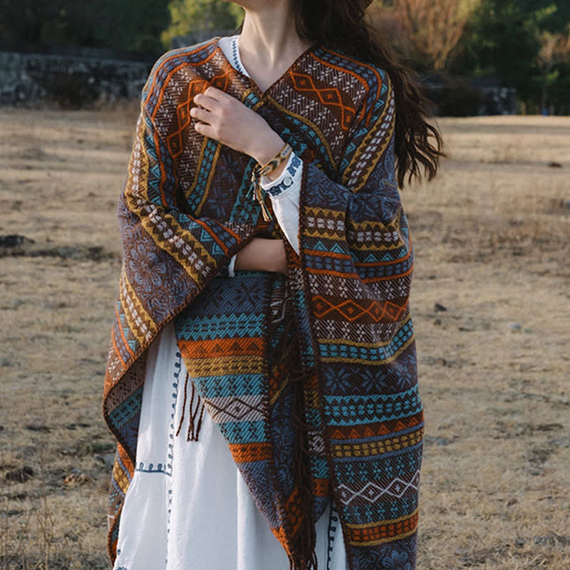 Buddha Stones Chal acogedor de mujer con borlas, rayas geométricas estilo boho para otoño/invierno - image 5