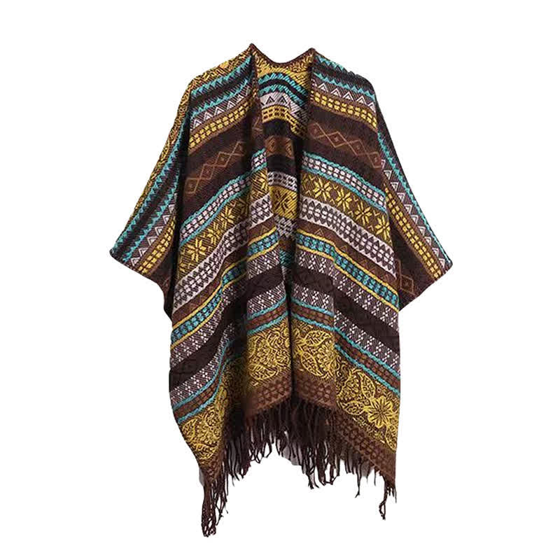 Buddha Stones Chal acogedor de mujer con borlas, rayas geométricas estilo boho para otoño/invierno - Amarillo - image 11