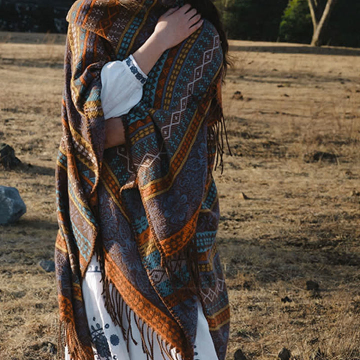 Buddha Stones Chal acogedor de mujer con borlas, rayas geométricas estilo boho para otoño/invierno - image 3