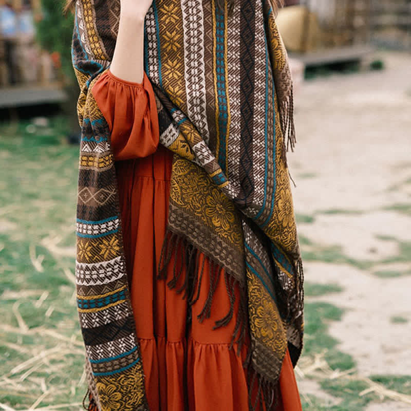 Buddha Stones Chal acogedor de mujer con borlas, rayas geométricas estilo boho para otoño/invierno - image 16