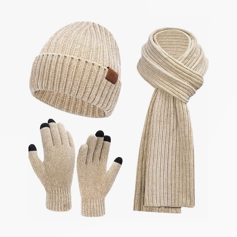Buddha Stones Conjunto de 3 piezas de bufanda, gorro y guantes de punto acanalado para mujer, ideales para otoño e invierno. - Beige - image 4