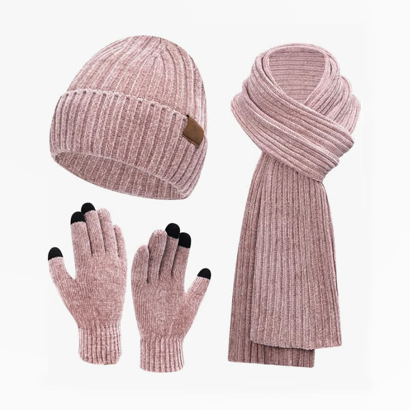 Buddha Stones Conjunto de 3 piezas de bufanda, gorro y guantes de punto acanalado para mujer, ideales para otoño e invierno. - Marrón rosado - image 5