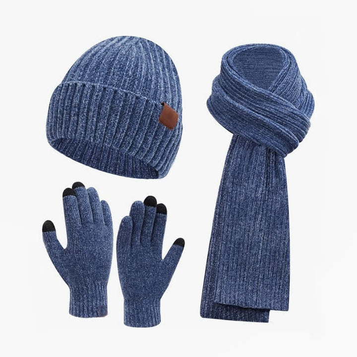Buddha Stones Conjunto de 3 piezas de bufanda, gorro y guantes de punto acanalado para mujer, ideales para otoño e invierno. - Azul acero - image 3