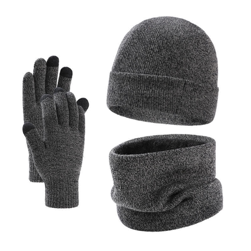 Buddha Stones 3 piezas de bufanda, gorro y guantes de punto acanalado para hombre, ideales para otoño e invierno. - Gris - image 0