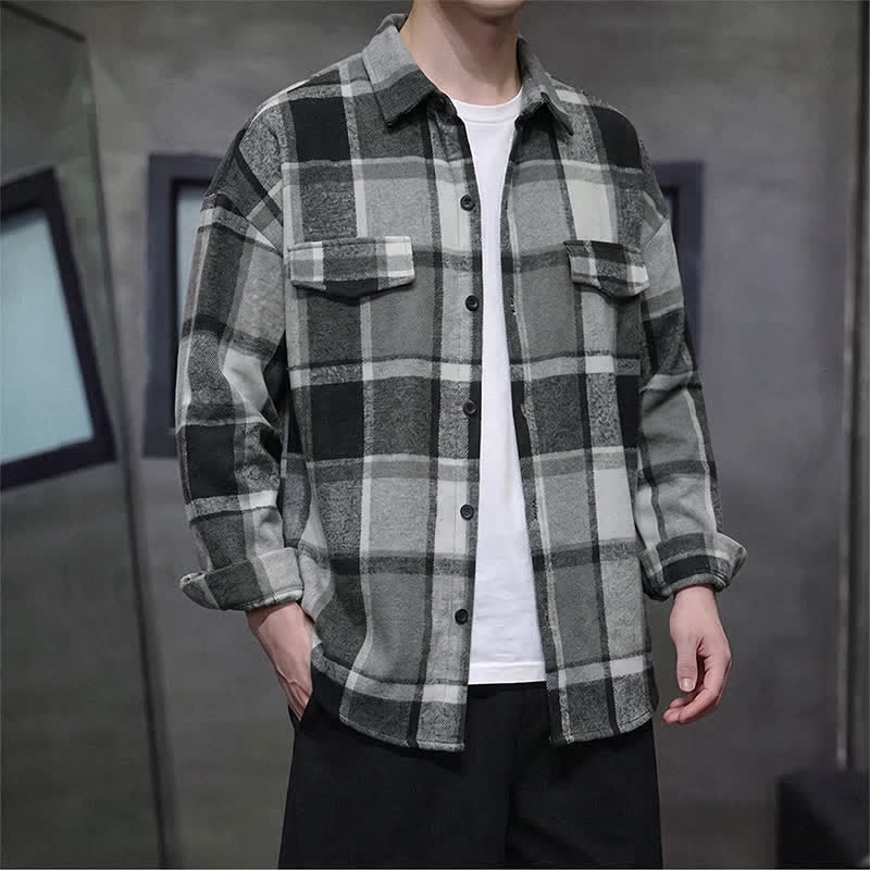 Buddha Stones Camisas de manga larga a cuadros con botones, estilo vintage, para hombre, ideales para primavera y otoño. - Gris oscuro - US/UK/AU42, EU52 (3XL) - image 20