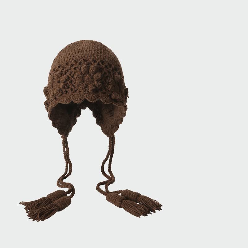 Buddha Stones Gorro de mujer de punto con borlas y estampado floral para otoño/invierno. - Marrón - Talla única (56-60 cm) - image 8