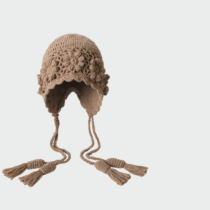 Buddha Stones Gorro de mujer de punto con borlas y estampado floral para otoño/invierno. - Broncearse - Talla única (56-60 cm) - image 1