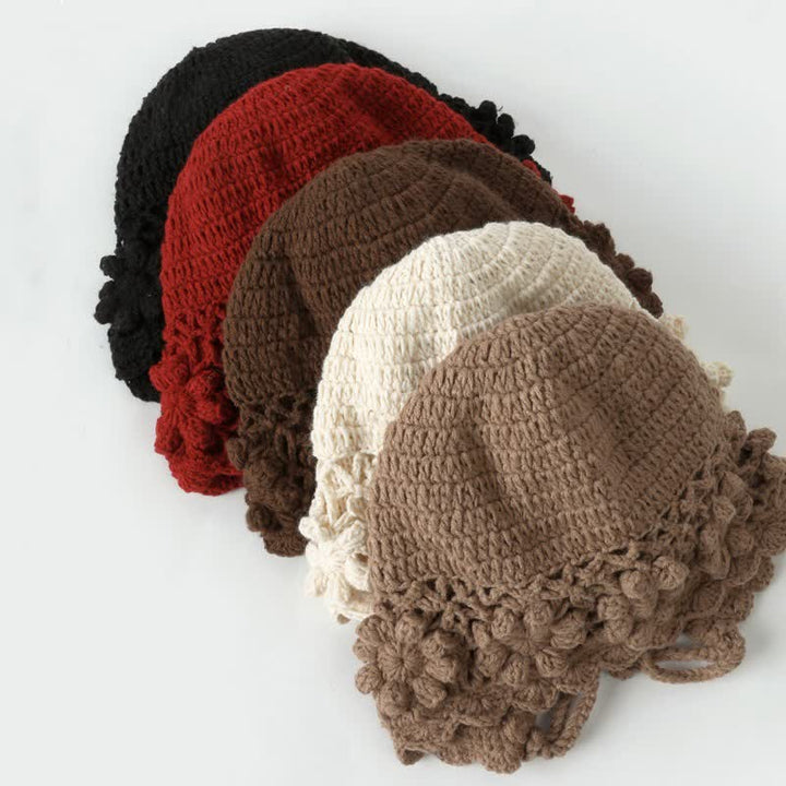 Buddha Stones Gorro de mujer de punto con borlas y estampado floral para otoño/invierno. - image 11