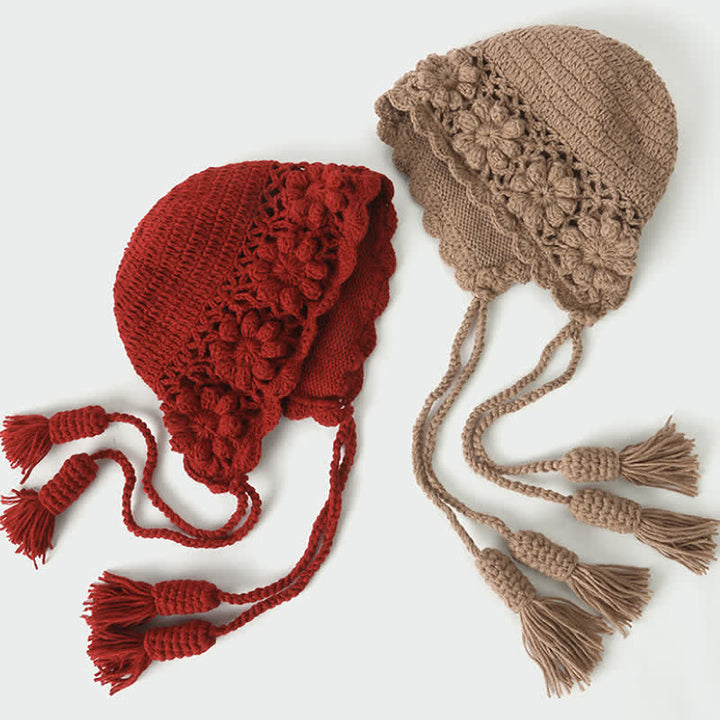 Buddha Stones Gorro de mujer de punto con borlas y estampado floral para otoño/invierno. - image 12