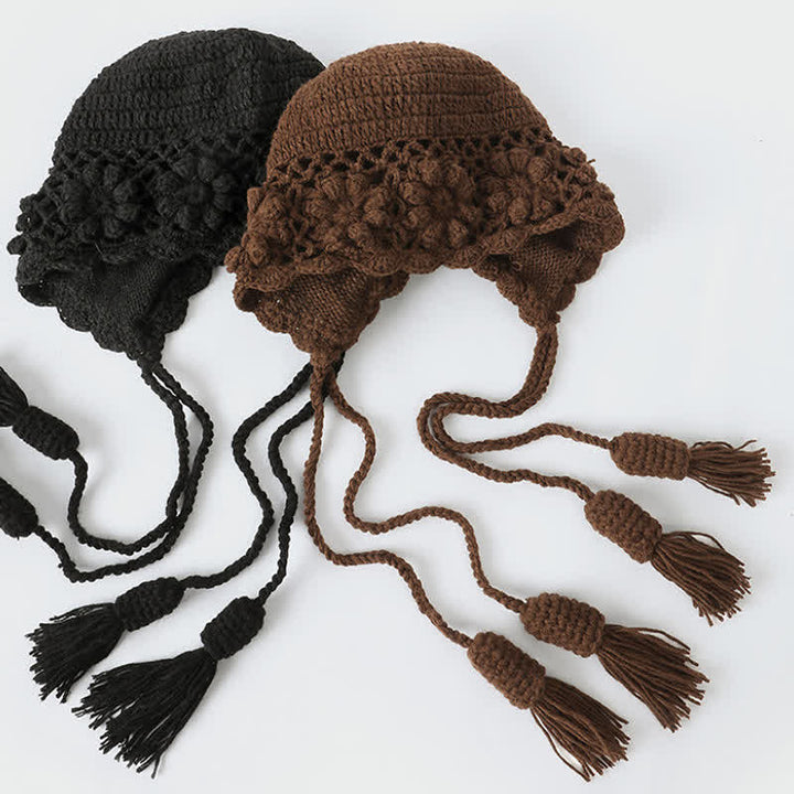 Buddha Stones Gorro de mujer de punto con borlas y estampado floral para otoño/invierno. - image 13