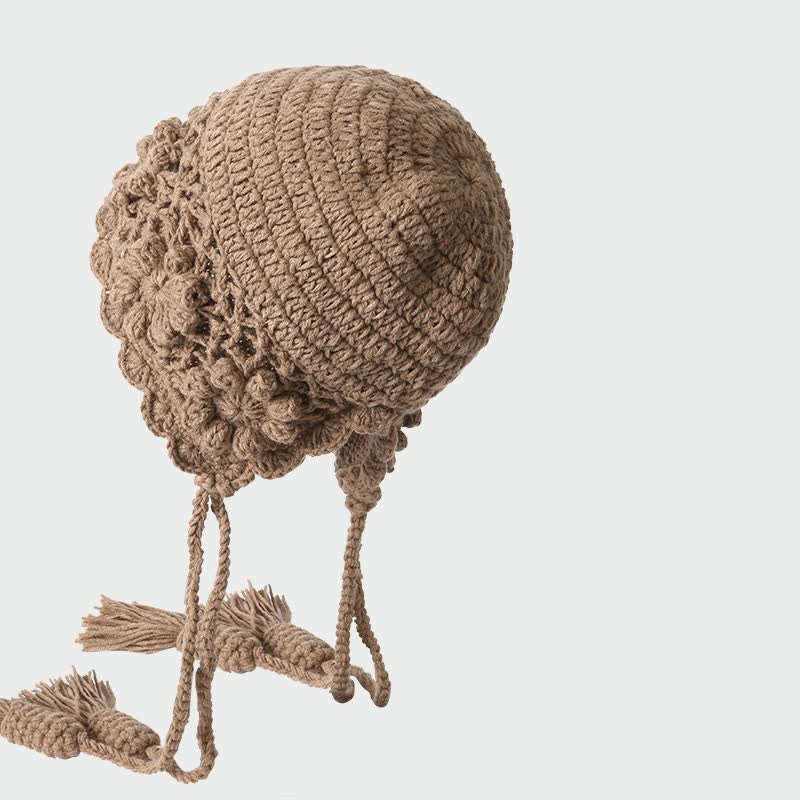 Buddha Stones Gorro de mujer de punto con borlas y estampado floral para otoño/invierno. - image 3