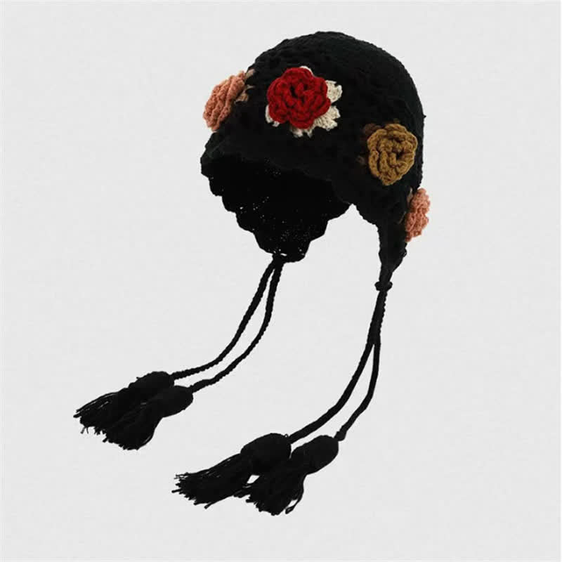 Buddha Stones Gorro de mujer de ganchillo con borlas y orejeras, estampado floral, ideal para otoño e invierno. - Negro - Talla única (54-62 cm) - image 4