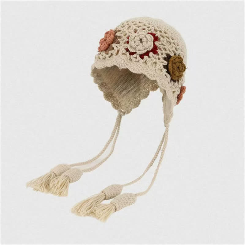 Buddha Stones Gorro de mujer de ganchillo con borlas y orejeras, estampado floral, ideal para otoño e invierno. - Beige - Talla única (54-62 cm) - image 1