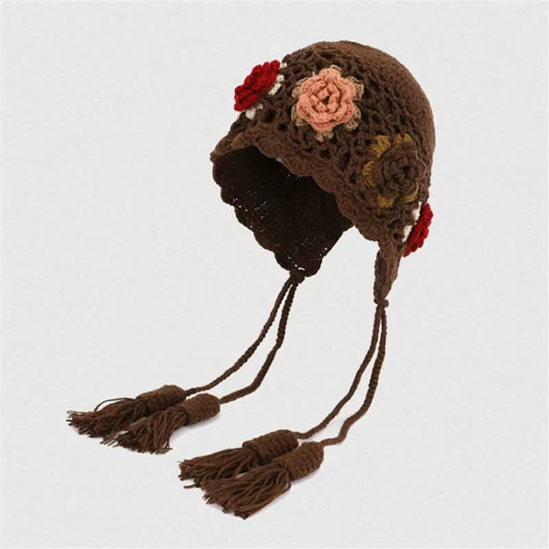 Buddha Stones Gorro de mujer de ganchillo con borlas y orejeras, estampado floral, ideal para otoño e invierno. - Marrón silla de montar - Talla única (54-62 cm) - image 5