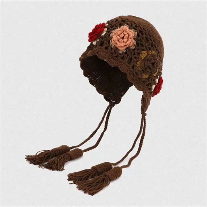 Buddha Stones Gorro de mujer de ganchillo con borlas y orejeras, estampado floral, ideal para otoño e invierno. - Marrón silla de montar - Talla única (54-62 cm) - image 5