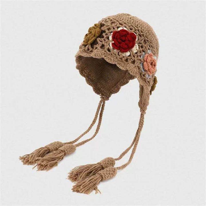 Buddha Stones Gorro de mujer de ganchillo con borlas y orejeras, estampado floral, ideal para otoño e invierno. - Broncearse - Talla única (54-62 cm) - image 0