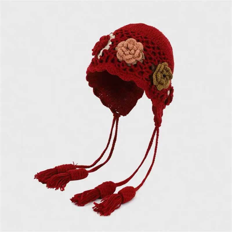 Buddha Stones Gorro de mujer de ganchillo con borlas y orejeras, estampado floral, ideal para otoño e invierno. - Rojo oscuro - Talla única (54-62 cm) - image 3